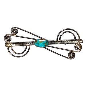 Vintage Handmade Native American Geometric Scroll Spiral Turquoise Brooch Pin